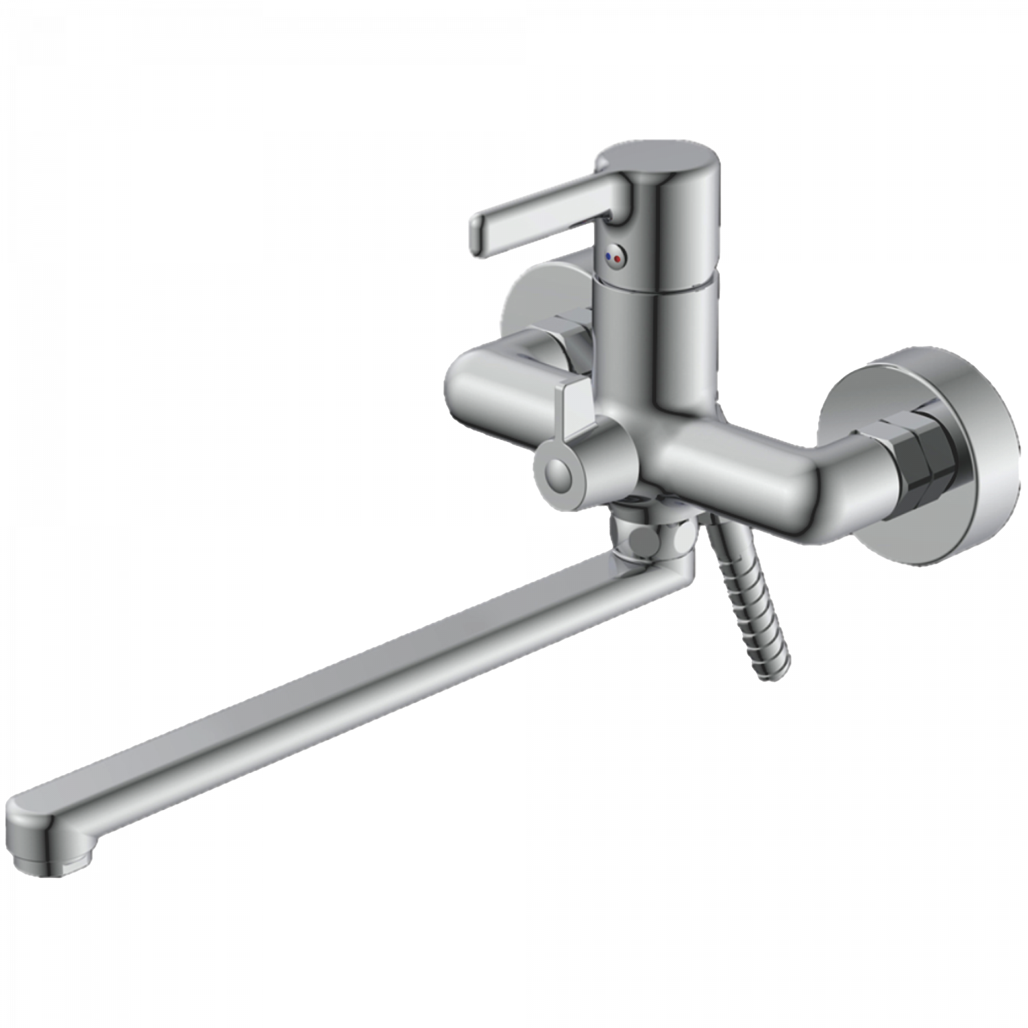 Смеситель для ванны, длинный излив, латунь, хром 
Комплектация: лейка, шланг 1,5м, держатель для лейки HB 22814