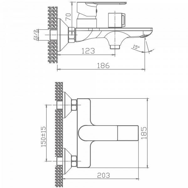 Смеситель для ванны, короткий излив, латунь, оружейная сталь
Комплектация: лейка, шланг 1,5м, держатель для лейки HB 60505-3