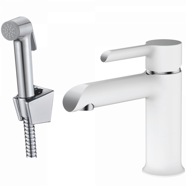 Смеситель для раковины с гигиенической лейкой, латунь, белый/хром
Комплектация: лейка, шланг 1,5м, держатель для лейки HB 12805-8