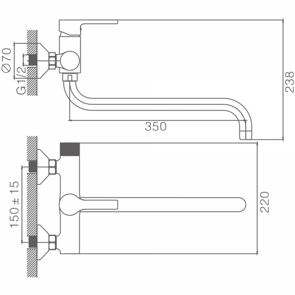 Смеситель для ванны, длинный излив, латунь, черный 
Комплектация: лейка, шланг 1,5м, держатель для лейки HB 22652-7