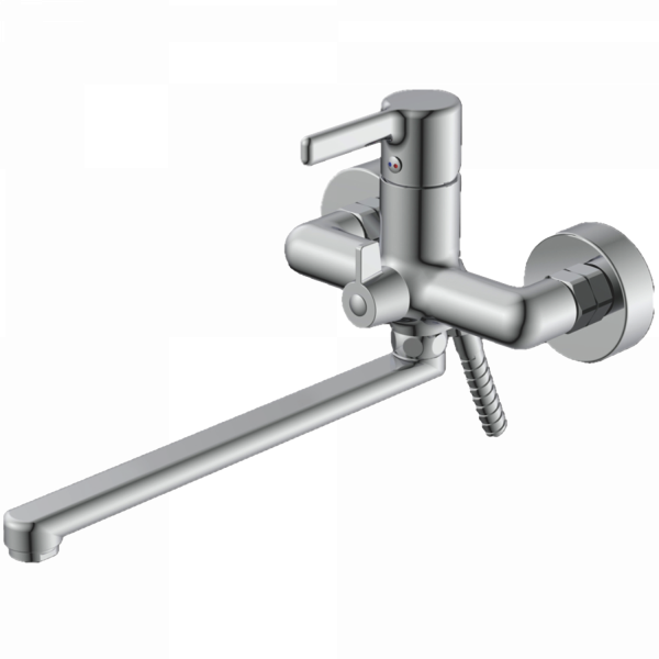 Смеситель для ванны, длинный излив, латунь, хром 
Комплектация: лейка, шланг 1,5м, держатель для лейки HB 22814
