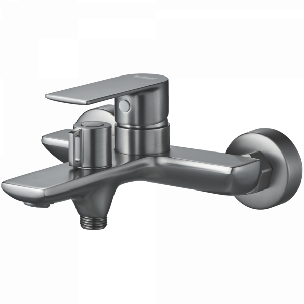 Смеситель для ванны, короткий излив, латунь, оружейная сталь
Комплектация: лейка, шланг 1,5м, держатель для лейки HB 60505-3