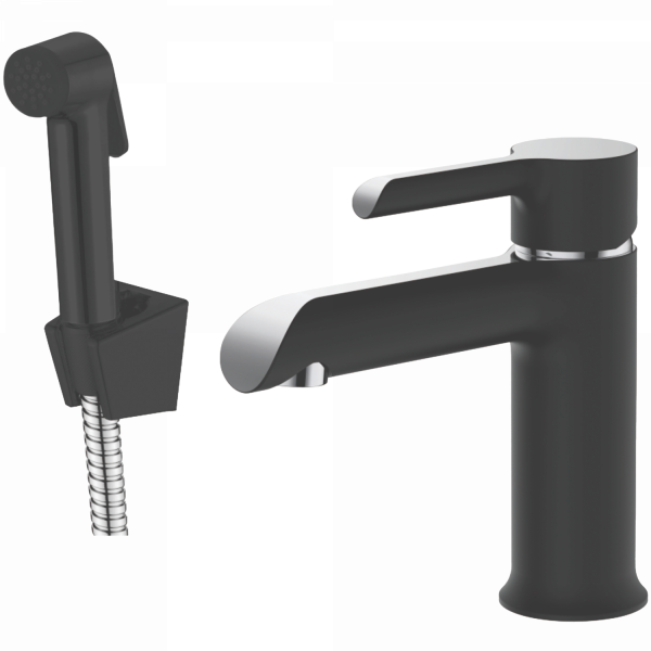 Смеситель для раковины с гигиенической лейкой, латунь, черный/хром
Комплектация: лейка, шланг 1,5м, держатель для лейки HB 12805-7