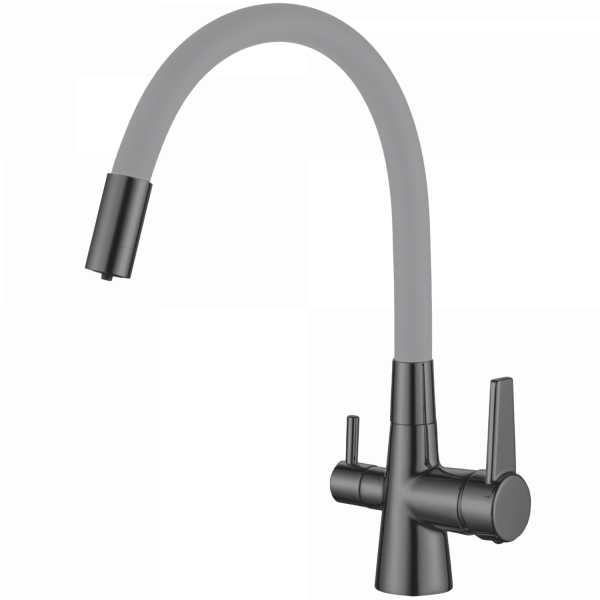 Смеситель для кухни с подключением фильтра, гибкий излив, латунь, серый/хром HB 76858-3