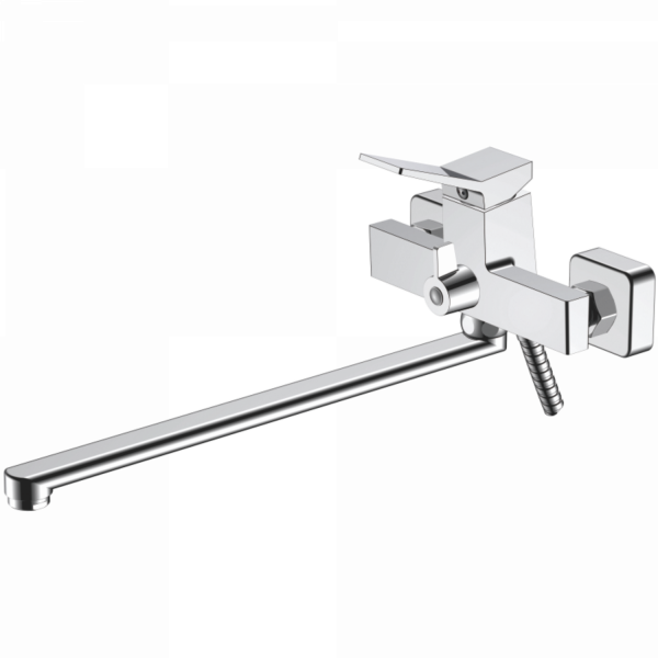 Смеситель для ванны, длинный излив, латунь, хром 
Комплектация: лейка, шланг 1,5м, держатель для лейки HB 22818