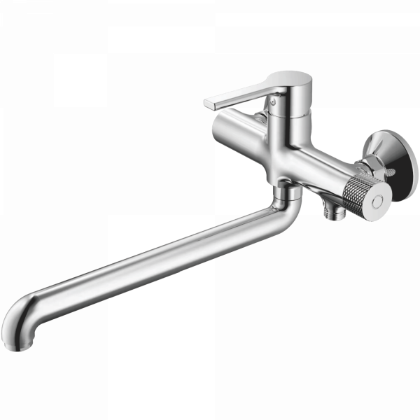 Смеситель для ванны, длинный излив, латунь, хром 
Комплектация: лейка, шланг 1,5м, держатель для лейки HB 22652