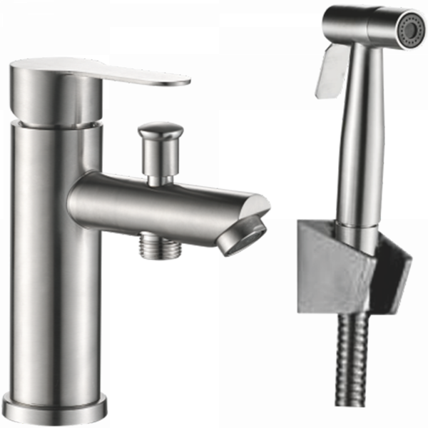 Смеситель для раковины с гигиенической лейкой, нержавеющая сталь
Комплектация: лейка, шланг 1,5м, держатель для лейки HB 12801